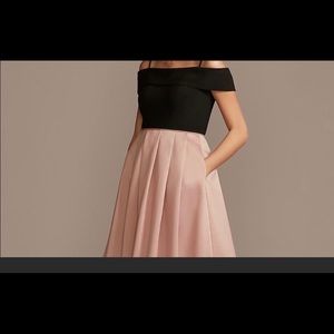 David’s Bridal - Off the shoulder gown with pocketed satin skirt - black & blush